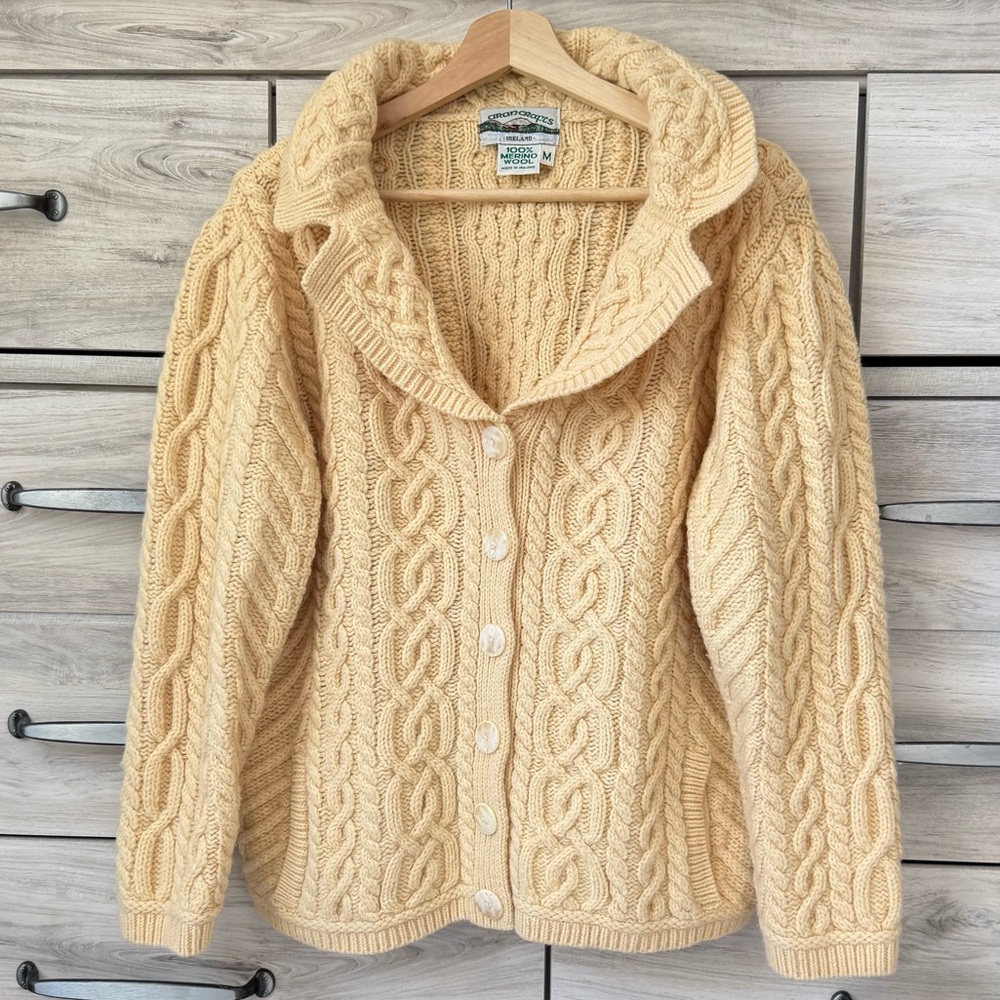Aran Crafts 100% Merino Wool Cable Knit Cardigan – Size M – Buttery Cream